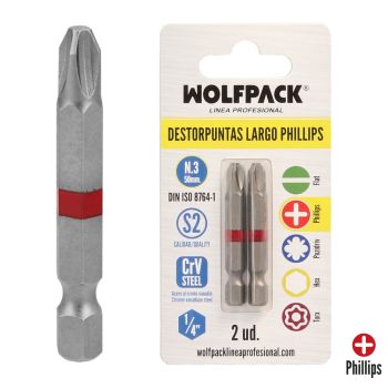 Destorpuntas Largos Phillips Nº 3 (2 Piezas) Acero S2 al Cromo Vanadio