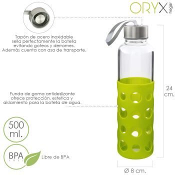 Botella Agua de Cristal Con Funda Goma y Tapon Antigotas 500 ml.