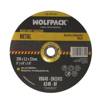 Disco Corte Abrasivo Metal Ø 230 x Ø 22 mm. Espesor 3,2 mm.