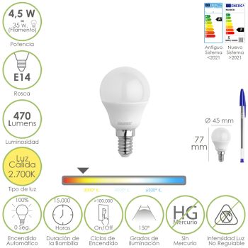 Bombilla Led Esferica Rosca E14 4.5 Watt. Equivale A 35 Watt. 470 Lumenes. Luz Cálida (2700º K)