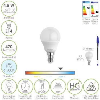 Bombilla Led Esferica Rosca E14 4.5 Watt. Equivale A 35 Watt. 470 Lumenes. Luz Fria (6500º K)