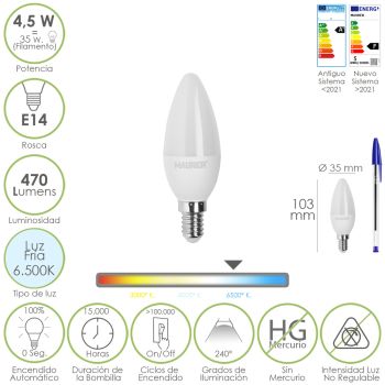 Bombilla Led Vela Rosca E14. 4,5 Watt. Equivale A 35 Watt. 470 Lumenes. Luz Fria (6500º K.)