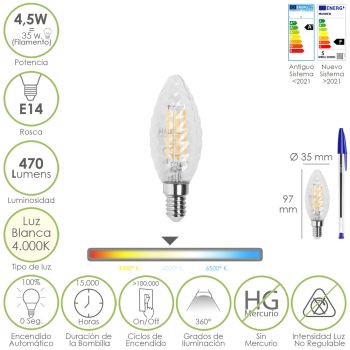 Bombilla Led Filamento Vela Twist. E14. 4,5 Watt. Equivale A 35 Watt. 470 Lumenes. Luz Neutra 4.000º K.