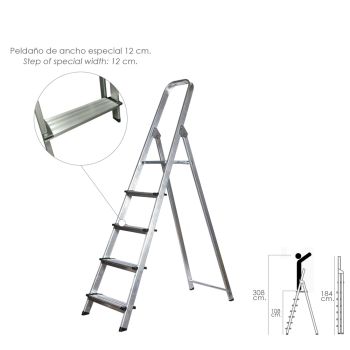 Escalera Aluminio Doméstica Profesional  5 Peldaños (Peldaño de 12 cm.)